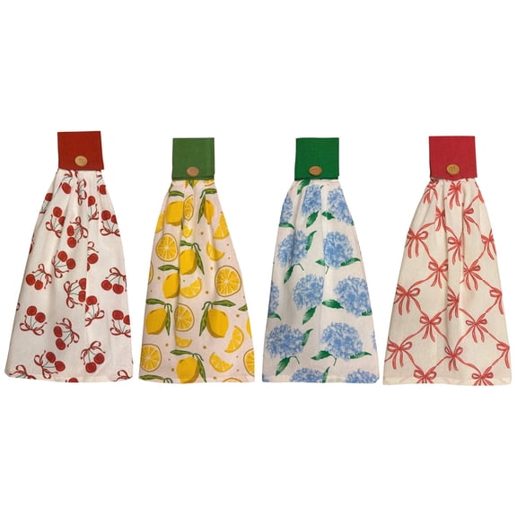 4-Pack Everyday Cotton Tie-Button Hanging Kitchen Towels Lemon Citrus, Cherry Orchard, Classic Ribbon, Blue Hydrangea, Super Soft, Absorbent, and Fast Dry. 16 x 18 x 3.5 Inch.