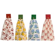 4-Pack Everyday Cotton Tie-Button Hanging Kitchen Towels Lemon Citrus, Cherry Orchard, Classic Ribbon, Blue Hydrangea, Super Soft, Absorbent, and Fast Dry. 16 x 18 x 3.5 Inch.