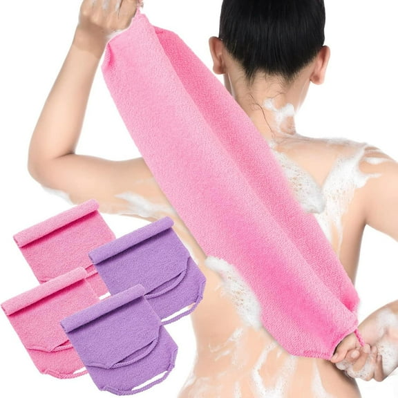 4 Pack Exfoliating Back Scrubber with Handles Nylon Back Exfoliator Extended Length Washers Scrubbers Stretchable Pull Strap Exfoliating Washcloth(Pink, Purple) 20.5 x 7.1 in- Home Improvement.