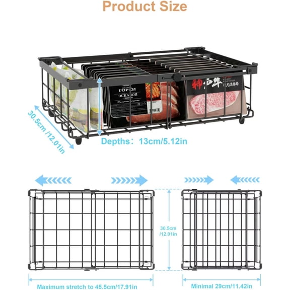 4 Pack Expandable Freezer Organizer Bins Large Freezer organizer Bins Stackable 11.4" Expand to 17.9", Fit 10 to 20 Cu.FT Black
