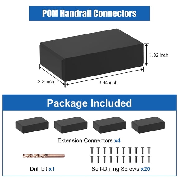 4 Pack Extension Connectors with Screws, Black Flat Handrail Accessories for Cable Railing Handrail, POM Handrail Connector Fitting, Deck Stair Cable Railing Rectangular Handrail, BL03-L