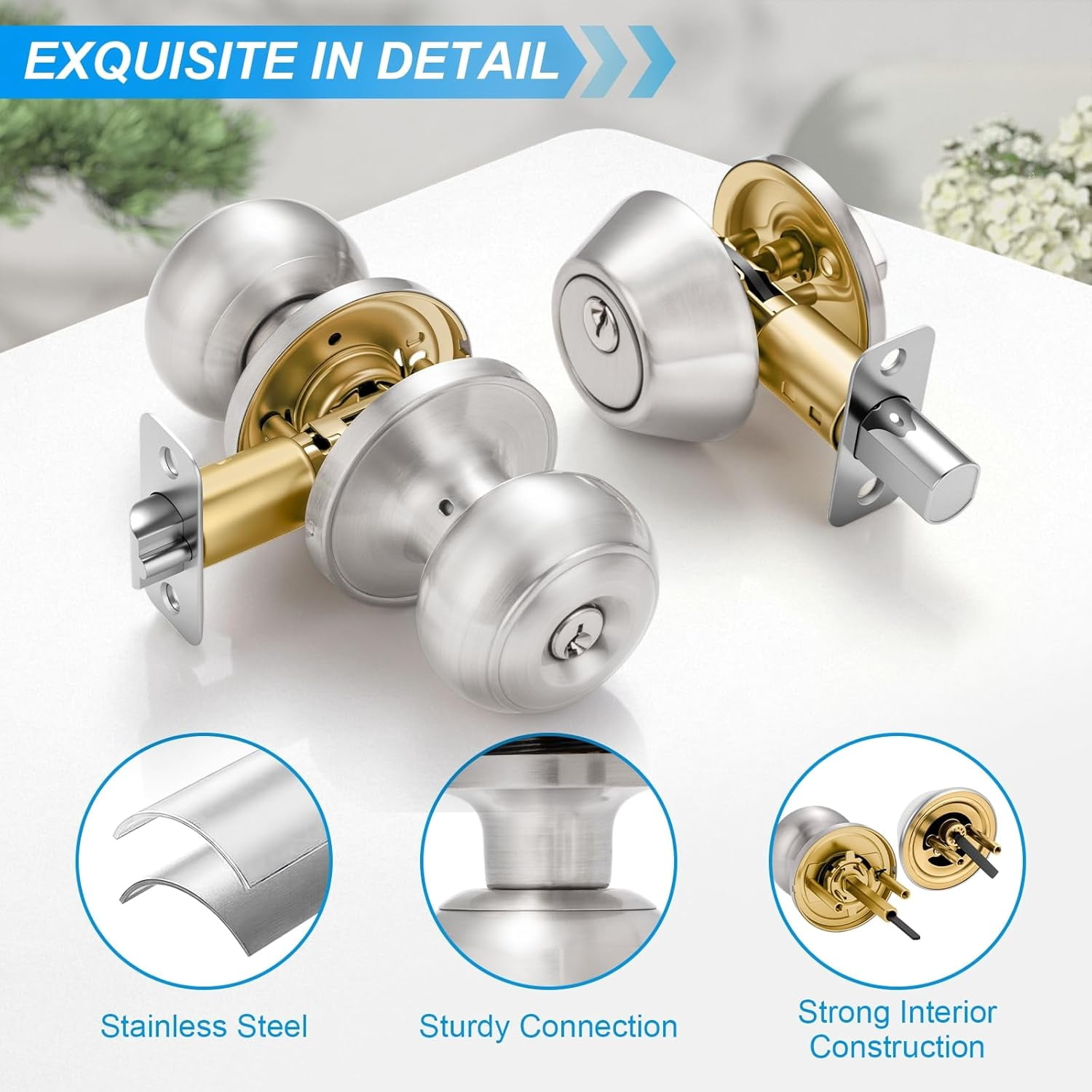 4 Pack Exterior Door Lock Set, Satin Nickel Door Knob and Deadbolt Combo Set, Keyed Alike Entry Door Knobs with Lock&Keys, Round Ball Door Locksets with Deadbolt for Entrance and Front Door