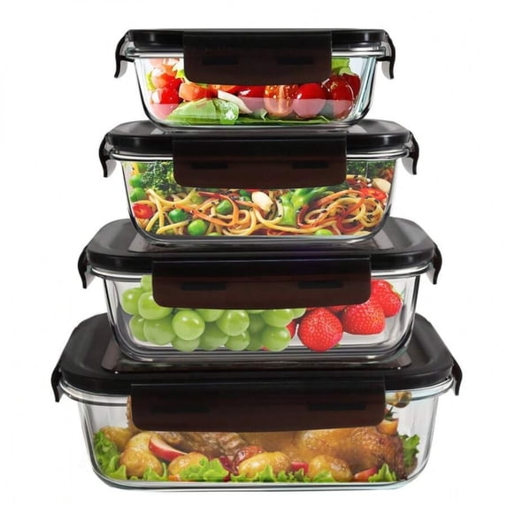 4 Pack Extra Large Capacity Glass Food Storage Containers with Airtight Lids, Glass Meal Prep Containers,Black