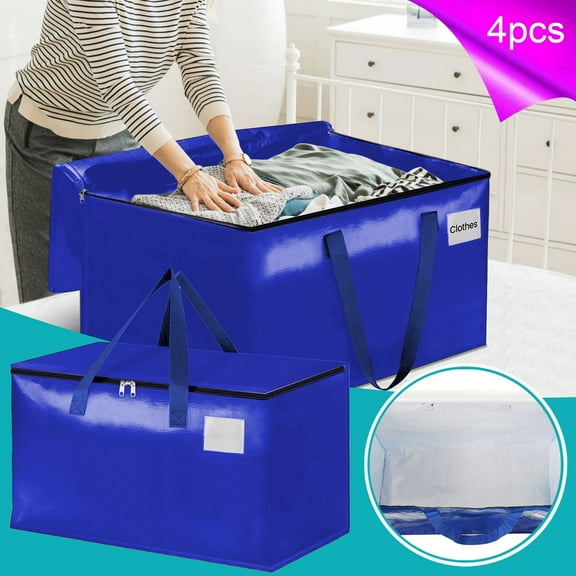 4 Pack Extra Large Heavy Duty Moving Bags with Reinforced Zipper & Wide Handles, Moisture-Resistant Storage Bins Packing Cubes for Clothes, College Dorm, Travel, and Home Organization, Blue