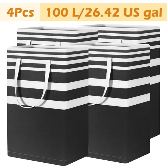 4-Pack Extra Large Laundry Basket, Waterproof, Freestanding Laundry Hamper, Collapsible Tall Clothes Hamper with Extended Handles for Clothes Toys, 100L/26.42 gal,Black & white stripe