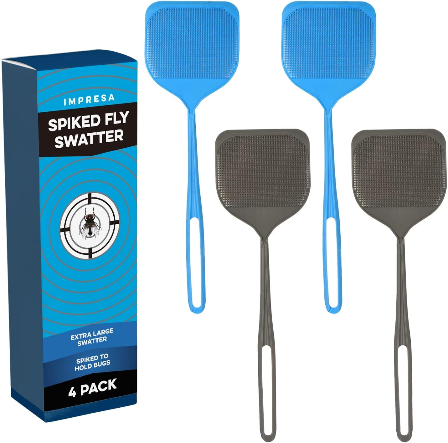 [4 Pack] Extra Large Spiky Fly Swatter for Indoors & Outdoors Blue