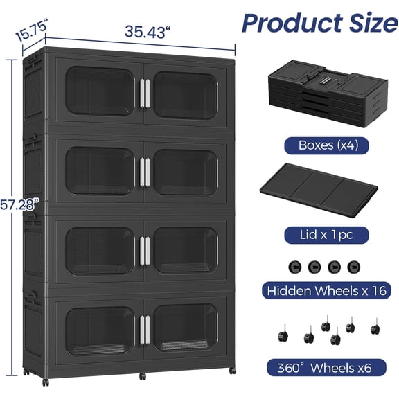 4-Pack Extra Large Stackable Storage Bins with Wheels and Lids, 50 Gallon Collapsible Plastic Cabinet Organizer for Home Office Garage Dorm