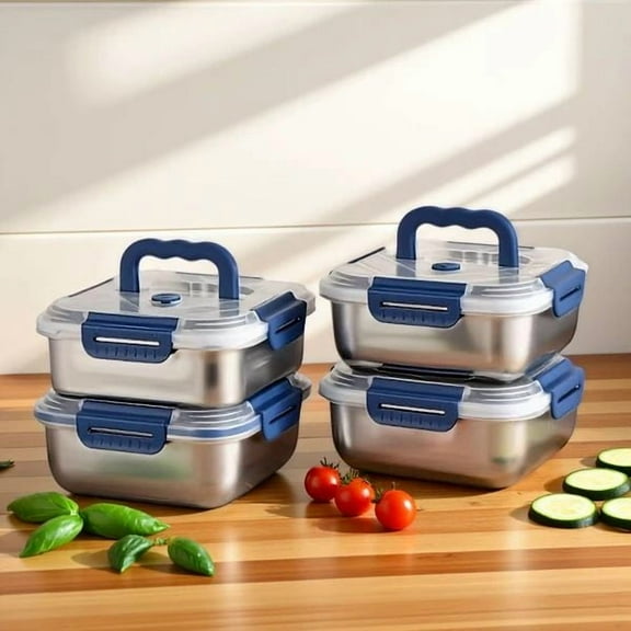 4-Pack Extra-Large Stainless Steel Food Storage Containers with Blue Lids Deep, Airtight Fridge Organizer Bins for Meal Prep, Lunch Boxes & Kitchen Pantry Storage