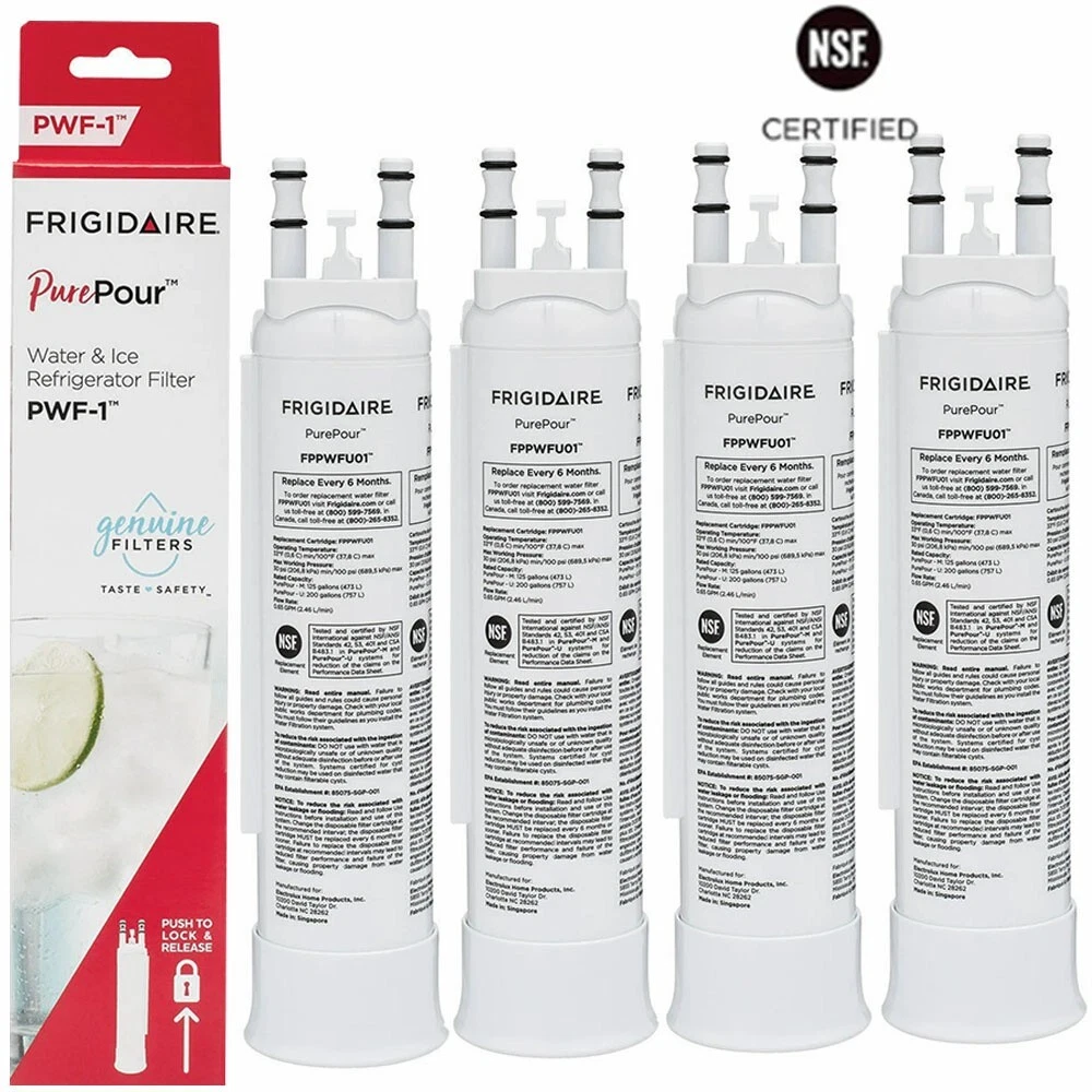4-Pack FPPWFU01 PurePour PWF-1 Refrigerator Water Filter, For Frigidaire PWF-1 Original OEM Replacement Cartridge, White