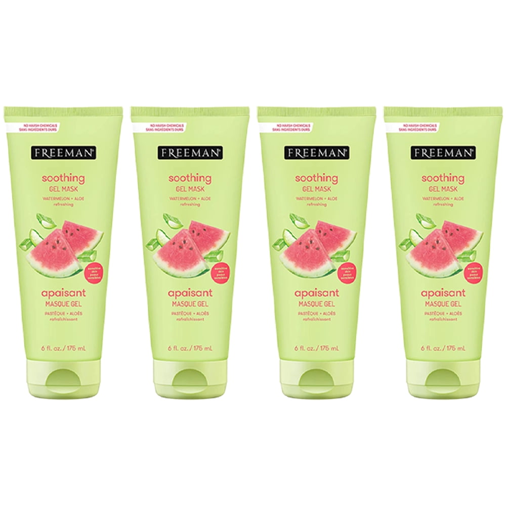 4-Pack FREEMAN Soothing Watermelon And Aloe Gel Facial Mask, Hydrates, Nourishes, And Soothes Irritated Skin, Cooling, Calming Gel Face Mask, For Sensitive And Break-Out Prone Skin, 6 fl.oz