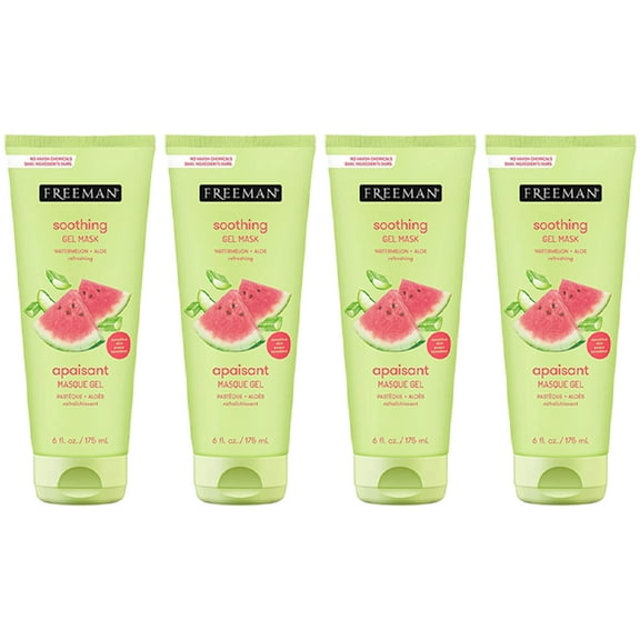 4-Pack FREEMAN Soothing Watermelon And Aloe Gel Facial Mask, Hydrates, Nourishes, And Soothes Irritated Skin, Cooling, Calming Gel Face Mask, For Sensitive And Break-Out Prone Skin, 6 fl.oz