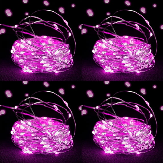 4 Pack Fairy String Lights Battery Operated 16.4Ft 50 LEDs Silver Copper Wire Twinkle Lights for Halloween Christmas Bedroom Indoor Outdoor Wedding Party Decoration (Pink)