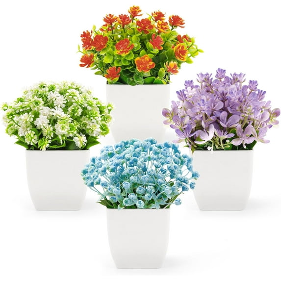 4 Pack Fake Flowers Plants Mini Artificial Greenery Potted Plants for Home Decor Indoor Office Table Room Farmhouse