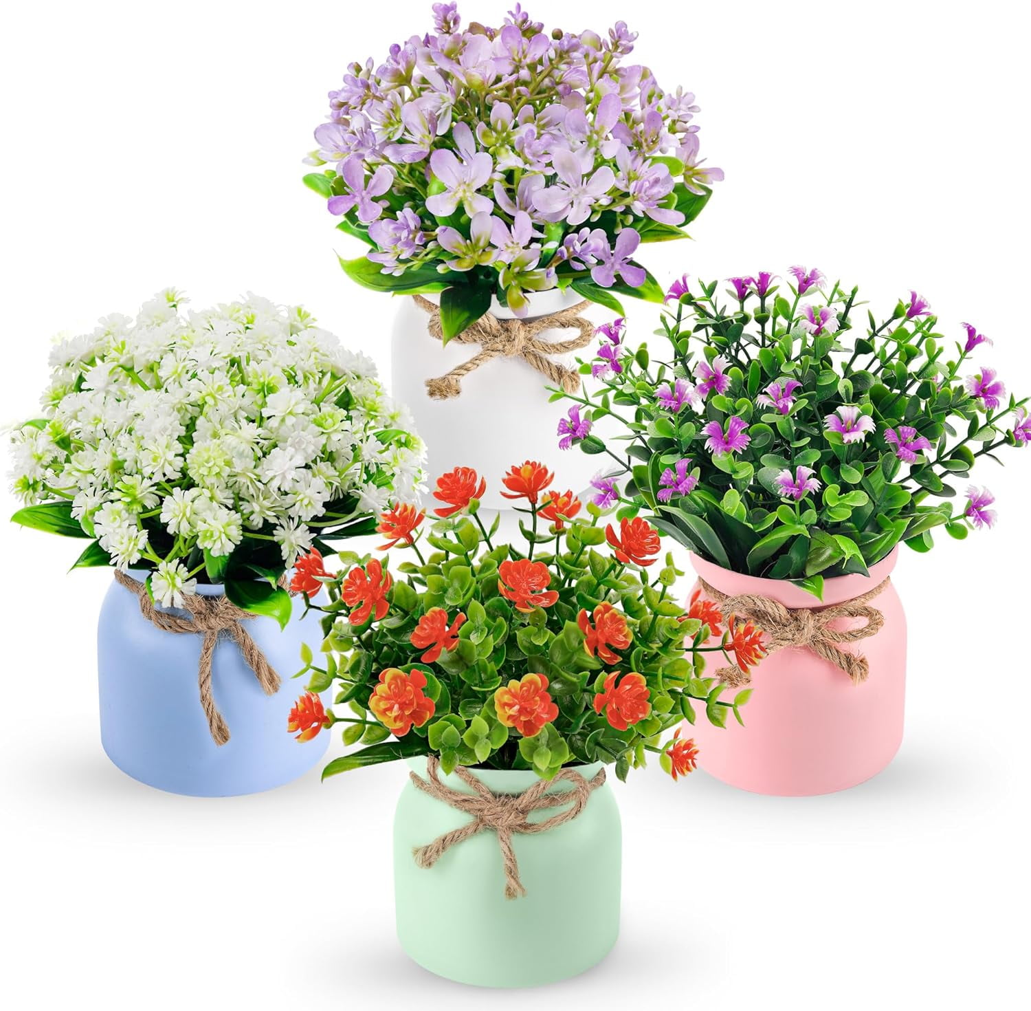 4 Pack Fake Flowers Small Artificial Faux Plants Indoor Summer Spring Decor for Centerpiece Table Decorations Home Office Desk Wedding Apartment Decor