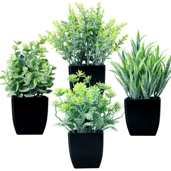 4 Pack Fake Plants in Black Pot,Mini Artificial Eucalyptus Potted Plant,Small Faux Grass Greenery Potted Plants for Indoor Home Office Farmhouse Bathroom Table Decoration