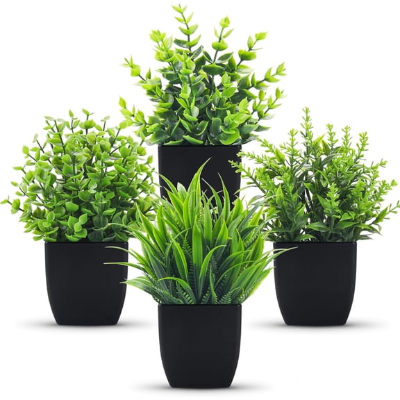 4 Pack Fake Plants Small Artificial Mini Faux Indoor Black Bathroom Accessories for Room Home Office Shelf Decor