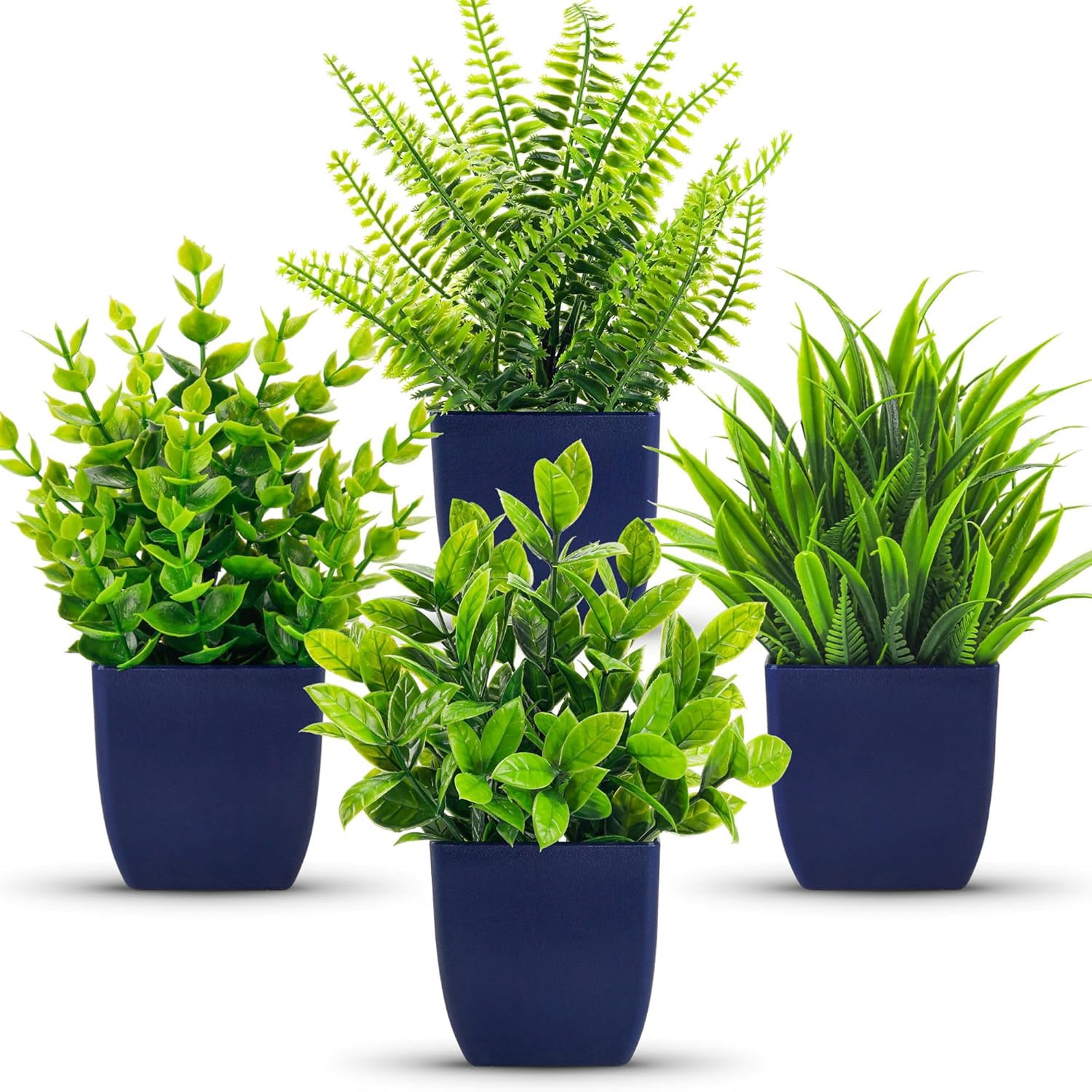 4 Pack Fake Plants Small Artificial Plants in Blue Pots Faux Plants Indoor for Home Room Bathroom Living Room Decor