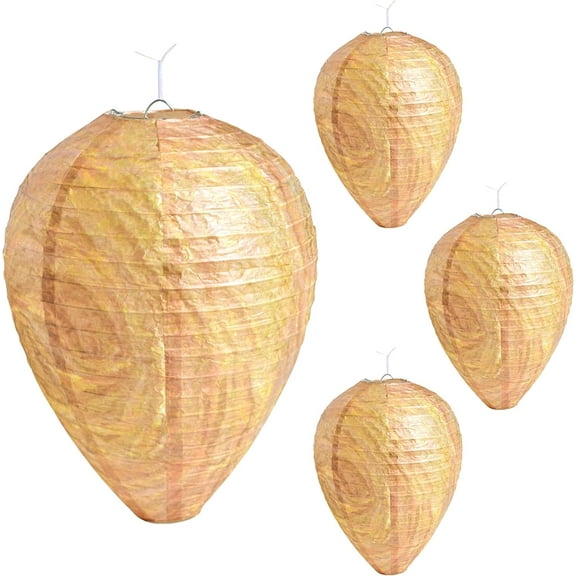 4 Pack Fake Wasp Nest Decoy Hanging Wasp Trap Deterrent for Hornets Yellow Jackets Outdoor Waterproof Non-Toxic Material(8.66"×11",Warm Color)