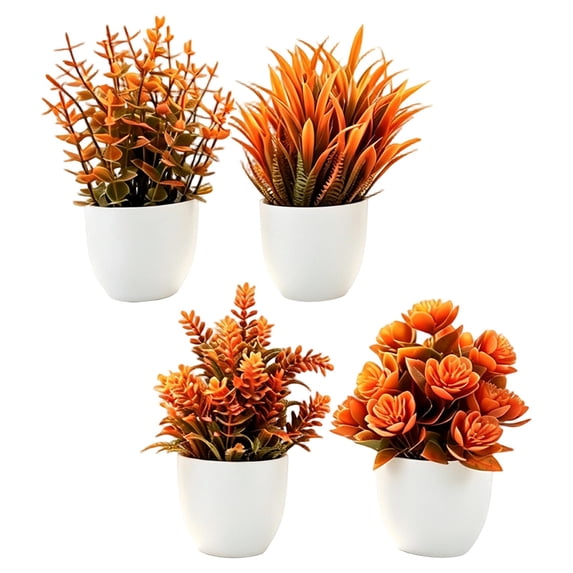 4 Pack Fall Fake Plants in Pots, Autumn Bathroom Home Decor,Warm Orange Faux Plants Autumn fall seasonal Accents, for Shelf Windowsill Desk Bathroom Office and Thanksgiving Decor