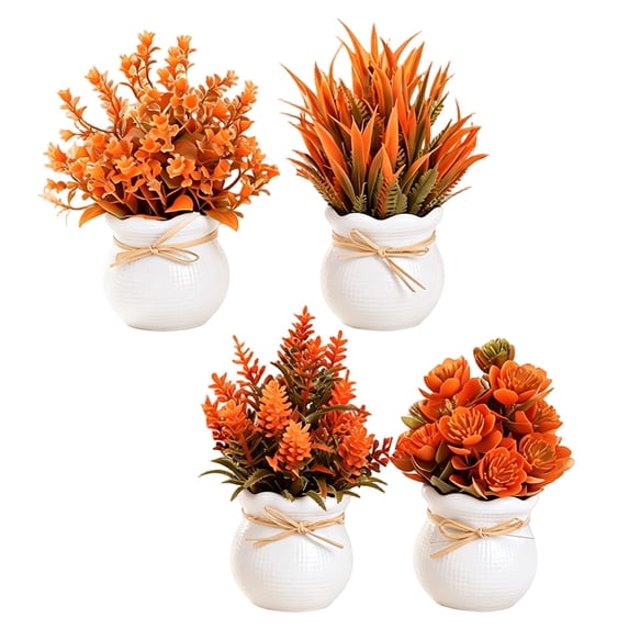 4 Pack Fall Fake Plants in Pots, Autumn Bathroom Home Decor,Warm Orange Faux Plants Autumn fall seasonal Accents, for Shelf Windowsill Desk Bathroom Office and Thanksgiving Decor