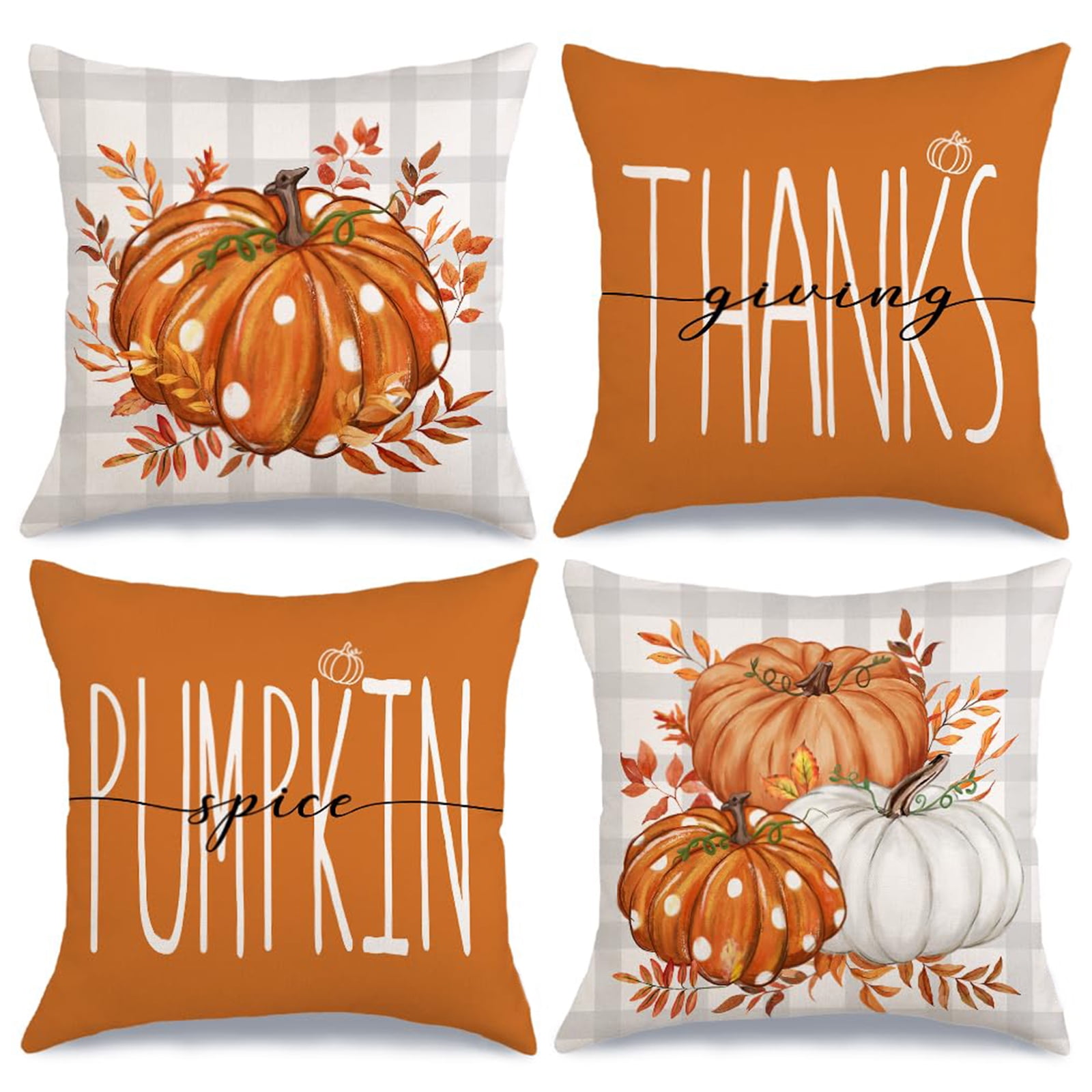 Set of 4 Orange and Beige Linen Fall Pumpkin Pillow Covers