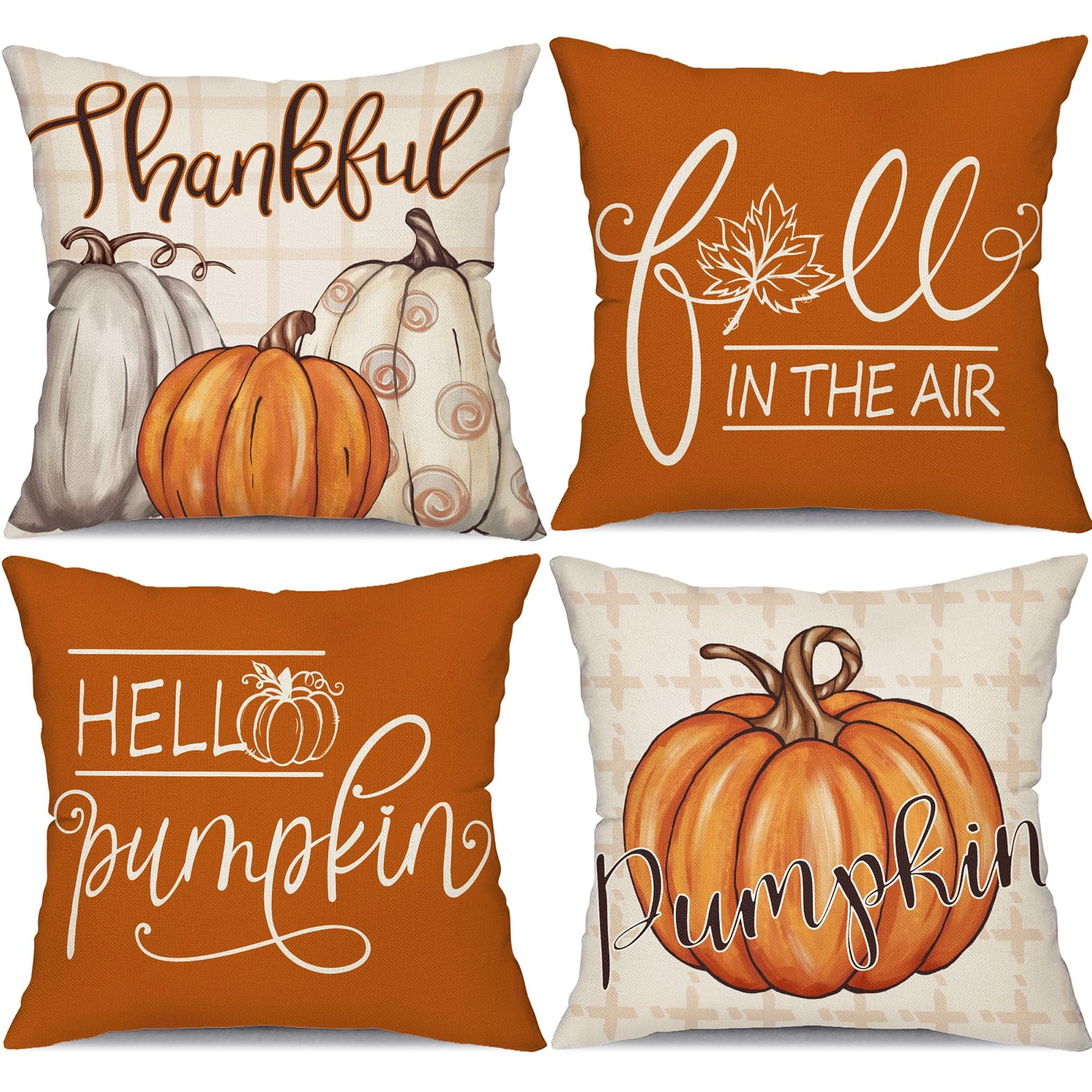Set of 4 Orange and Beige Linen Fall Pumpkin Pillow Covers