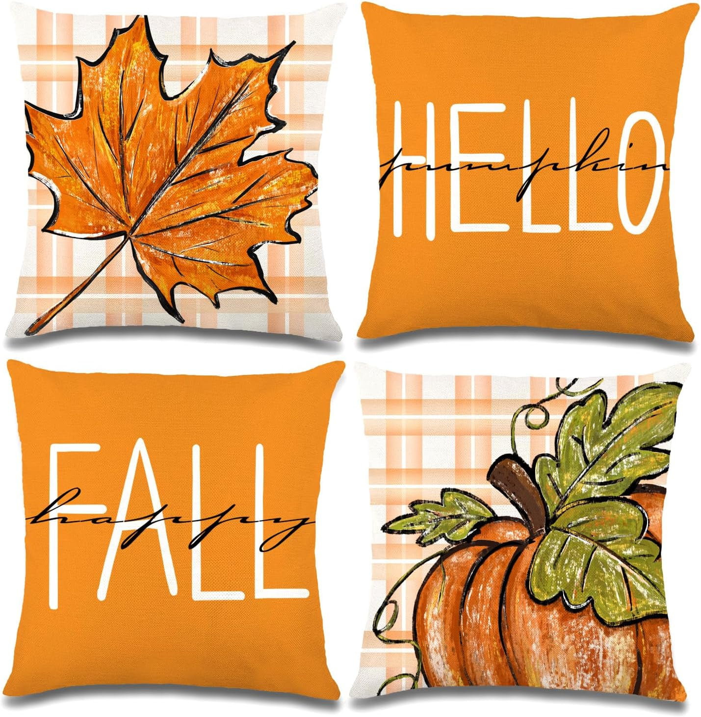 Orange Fall Pumpkin and Maple Leaves 18x18 Polyester Pillow Covers Set