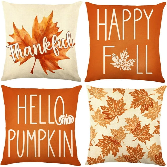 4 Pack Fall Pillow Covers Decoration,18x18in Farmhouse Orange Maple Leaf Thanksgiving Throw Pillows Cushion Case Couch Decor for Autumn Home Outdoor Decorations