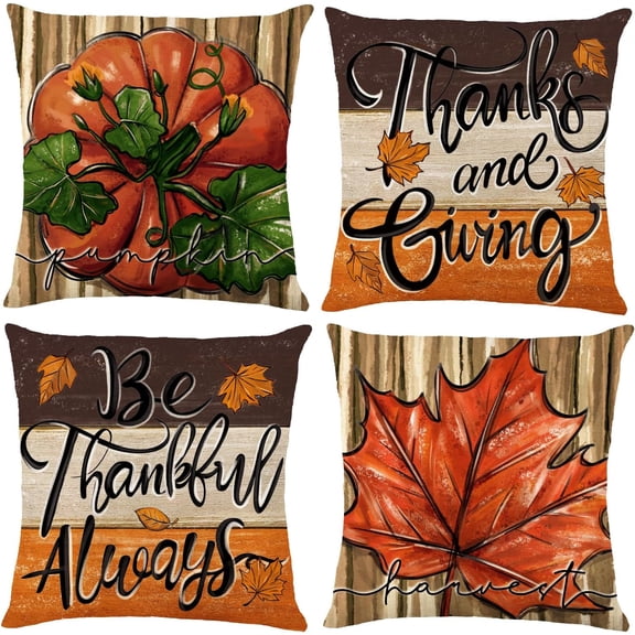 4 Pack Fall Pillow Covers Decoration,18x18in Farmhouse Tree Texture Bottom Pumpkin Maple Leaf Thanksgiving Throw Pillows Cushion Case Couch Decor for Autumn Home Outdoor Decorations