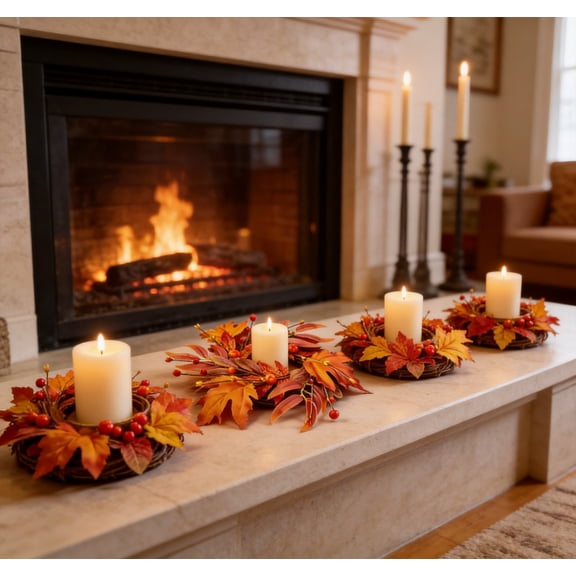 4 Pack Fall Wreath – 10.24 Inch Mini Autumn Candle Rings, Thanksgiving Maple Leaf Wreath, Farmhouse Decor for Door, Wall, Cabinet & Table