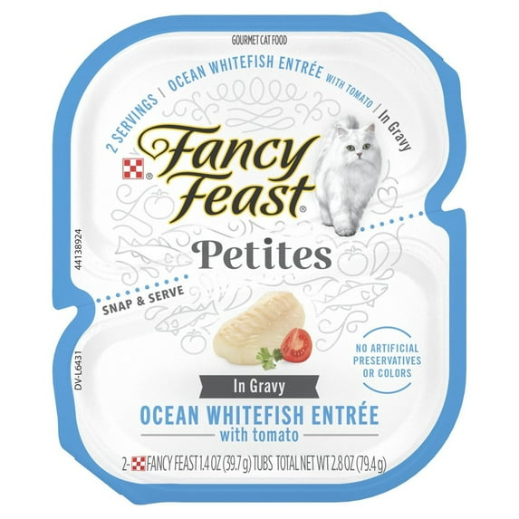 ( 4 Pack ) Fancy Feast Gourmet Gravy Wet Cat Food, Petites Ocean Whitefish With Tomato Entrée, 2.8 oz Tubs