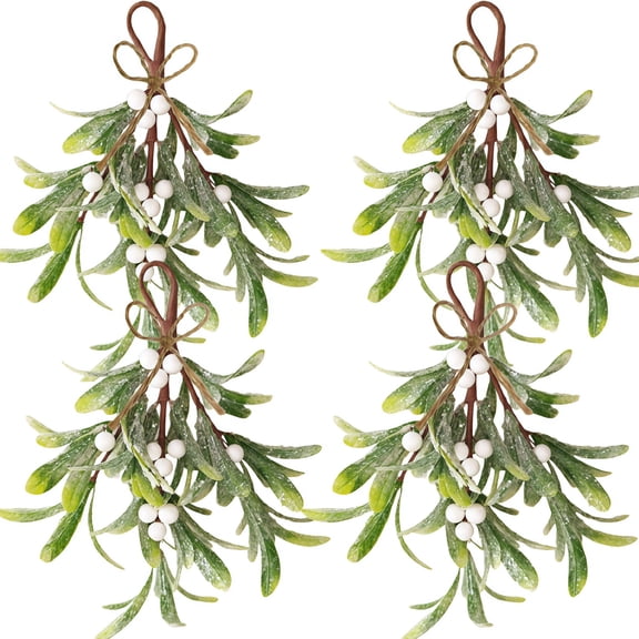 4 Pack Faux Mistletoe Picks Floral Stems, 9 Inch Artificial Hanging Mistletoe Ornaments with White Berries,Realistic Artificial Mistletoe Sprigs for Door, Wall, Fireplace, Xmas Holiday Home Decor