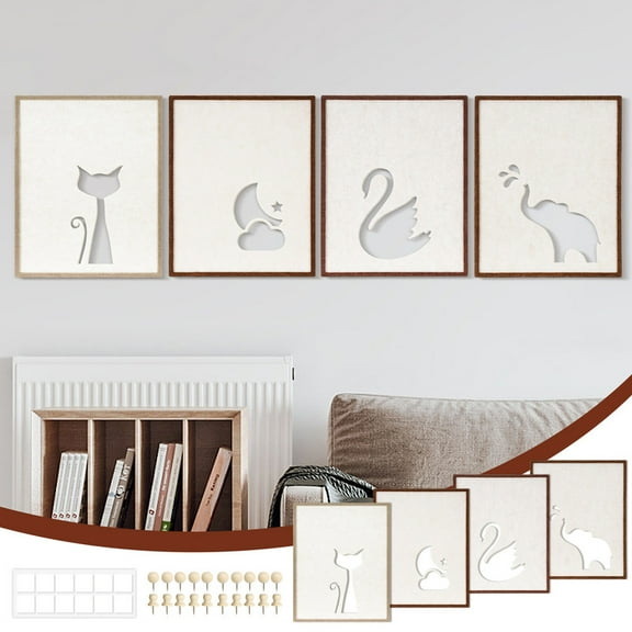 DOLLAR BOSS 4 Pack Felt Fabric Art Crafts 11" x 14" Decorative Bulletin Board Photo Frames Felt Tiles for Wall Home and Office Decoration, Cat Elephant Swan Moon Design Wall Decor with 40 Pushpins