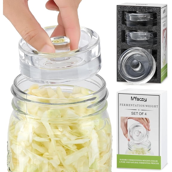 4-Pack of Fermentation Glass Weights with Easy Grip Handle for Great Wide Mouth Canning Mason Jars, Pickling Sourkrout Kraut Glass Weight Fermentation Kit with Easy Grip Handle, Dishwasher Safe