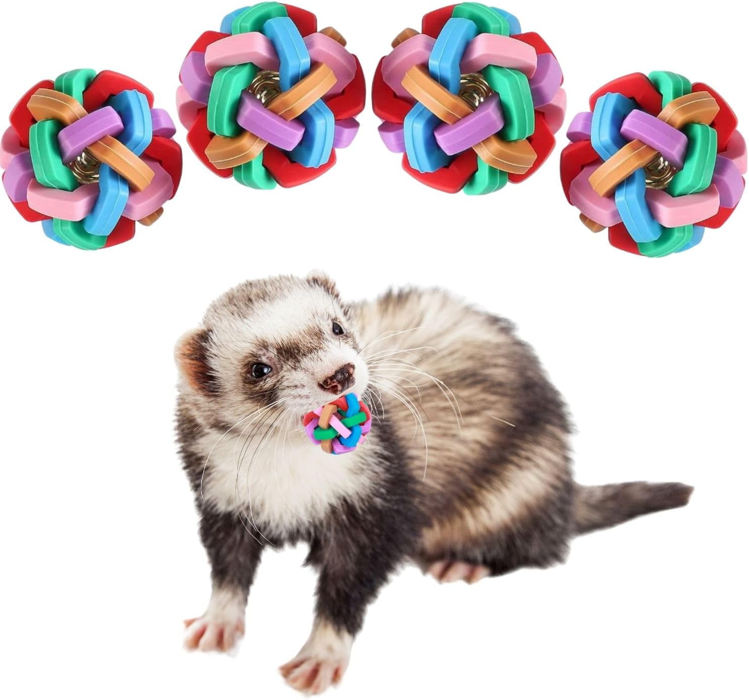 4 Pack Ferret Toys Balls Colorful Bouncy Rubber Balls with Built in Bell Ferret Teeth Grinding Wiggle Ball Interactive Sound Toy Exercise Play Scratch