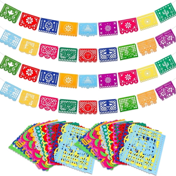 4 Pack Fiesta Banner Colorful Felt Papel Picado Banner for Cinco de Mayo Day of the Dead Mexican Party Decorations Supplies