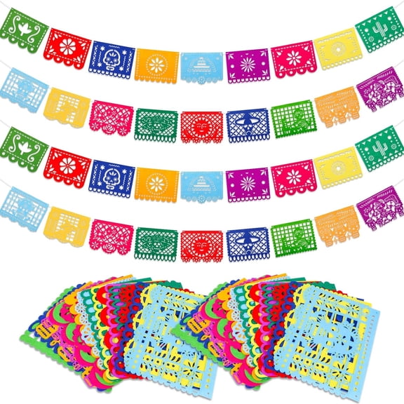 4 Pack Fiesta Banner Colorful Felt Papel Picado Banner for Cinco de Mayo Day of the Dead Mexican Party Decorations Supplies