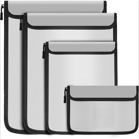 4 Pack Fireproof Document Bags, Waterproof Document Pouch Holder with Zipper, Fire Proof Money Bag for Cash, Fireproof Envelope Fire Safe Bag, Fire Resistant Storage for Legal/A4 Size (Gray)