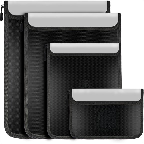 4 Pack Fireproof Document Bags, Waterproof Document Pouch Holder with Zipper, Fire Proof Money Bag for Cash, Fireproof Envelope Fire Safe Bag, Fire Resistant Storage for Legal/A4 Size (Black)