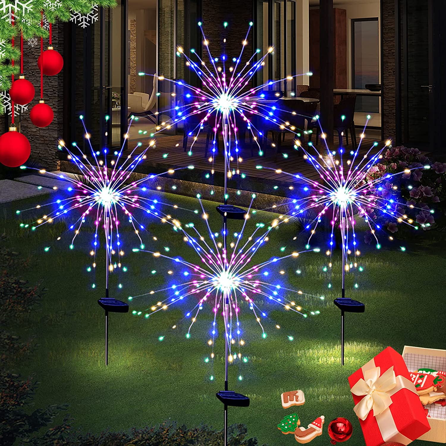 Colorful 120 LED Solar Firework Garden Lights, 4 Pack