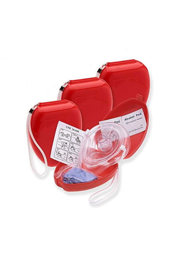 CPR Rescue Mask Kit Pocket Resuscitator Adult/Child, OneWay Valve Face Shield, Hard Case, Gloves & Alcohol Pads, 4Pack