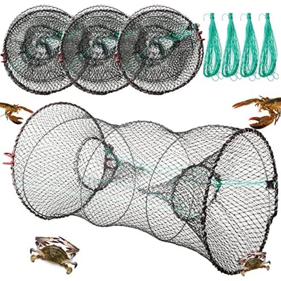 4 Pack Fishing Bait Trap Crab Trap Minnow Trap Crawfish Trap Lobster Trap Crayfish Shrimp Trap Net Portable Collapsible Fishing Traps with 49 Ft Rope Folded Fishing Accessories, 12 x 24 Inch