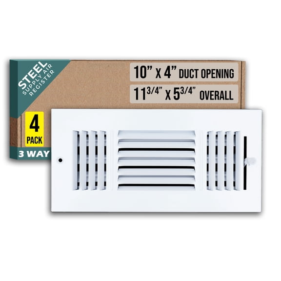 [4 Pack] Fits 10x4 Duct Opening 3 WAY Steel Air Supply Diffuser by Handua | Register Vent Cover Grille for Sidewall and Ceiling | White | Outer Dimensions: 11.75" X 5.75"