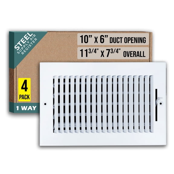 [4 Pack] Fits 10x6 Duct Opening 1 WAY Steel Air Supply Diffuser by Handua | Register Vent Cover Grille for Sidewall and Ceiling | White | Outer Dimensions: 11.75" X 7.75"