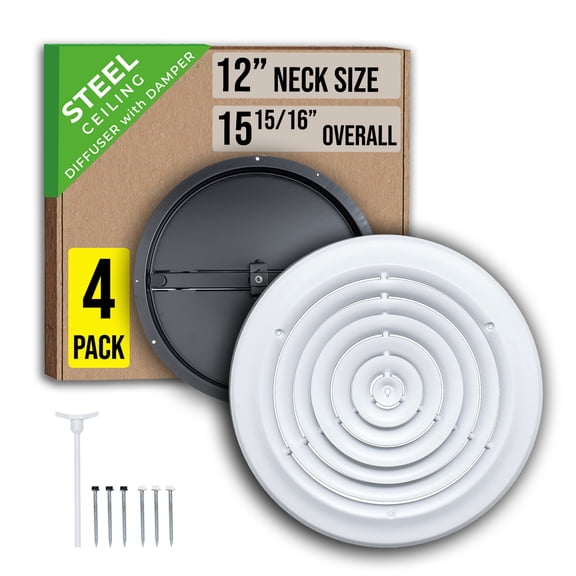 [4 Pack] Fits 12 Inch Neck Air Duct | Steel Round Air Supply Diffuser for Ceiling | 12" Neck Steel Butterfly Damper&Handle Included | Round Diffuser Vent Cover | White | Out. Dim.: 15-15/16"