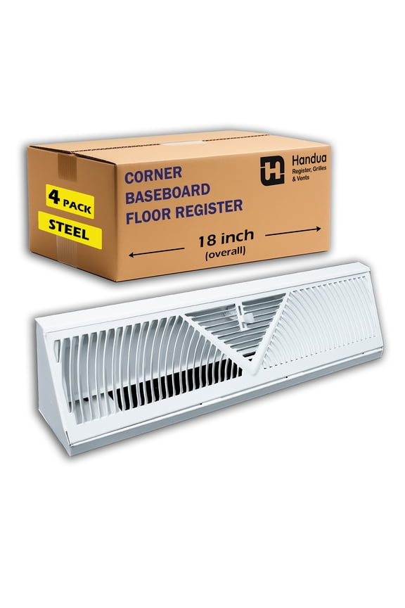 [4 Pack] Fits 18" Baseboard Space | Corner Baseboard Register by Handua | Round Type Air Flow Design | 18" External Length Register Vent Cover Grill | Adjustable Lever for Air Flow Control | White