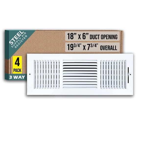 [4 Pack] Fits 18x6 Duct Opening 3 WAY Steel Air Supply Diffuser by Handua | Register Vent Cover Grille for Sidewall and Ceiling | White | Outer Dimensions: 19.75" X 7.75"