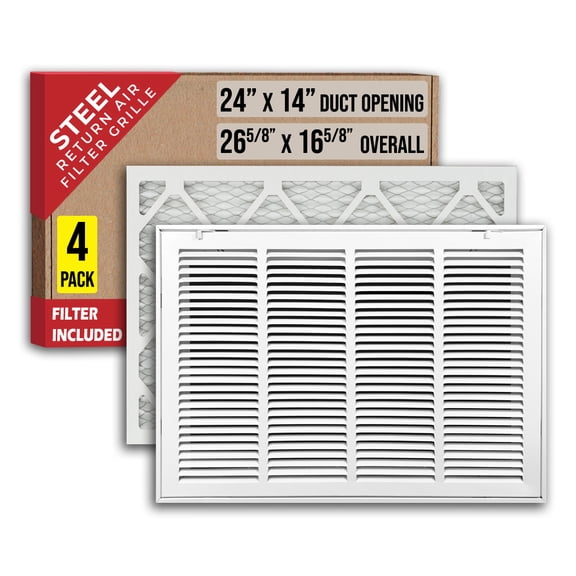 [4 Pack] Fits 24x14 Duct Opening | Filter Included Steel Return Air Filter Grille by Handua [Removable Door] | Vent Cover Filter Grill | White | Out. Dim.: 26 5/8"W X 16 5/8"H