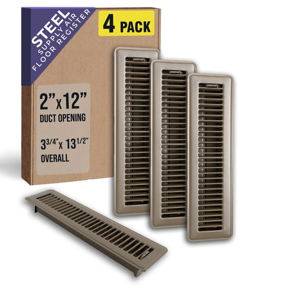[4 Pack] Fits 2x12 and 12x2 Duct Opening | Floor Register with Louvered Design by Handua | Heavy Duty Walkable Design with Damper | Floor Vent Grille | Easy to Adjust Air Supply Lever | Brown