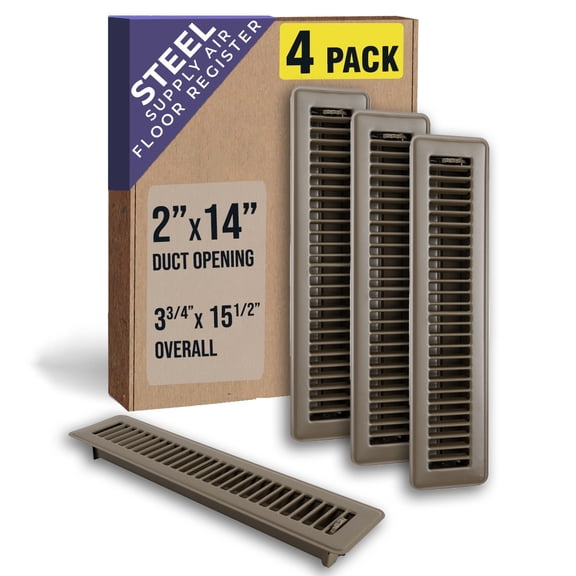 [4 Pack] Fits 2x14 and 14x2 Duct Opening | Floor Register with Louvered Design by Handua | Heavy Duty Walkable Design with Damper | Floor Vent Grille | Easy to Adjust Air Supply Lever | Brown